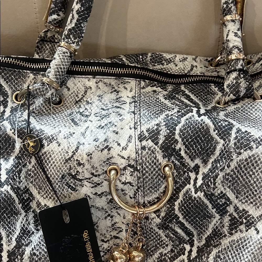 Snake-Print Tote Bag in Black and White with Tassel Detail - Picture 3 of 9